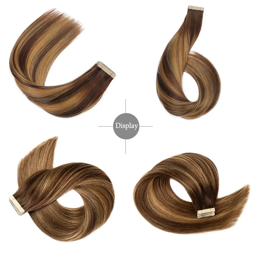 #4/27 Highlight Brown Straight Tape In Hair Extensions Human Hair PU Seamless Tape In Brazilian 20PCS/Pack Natural Color