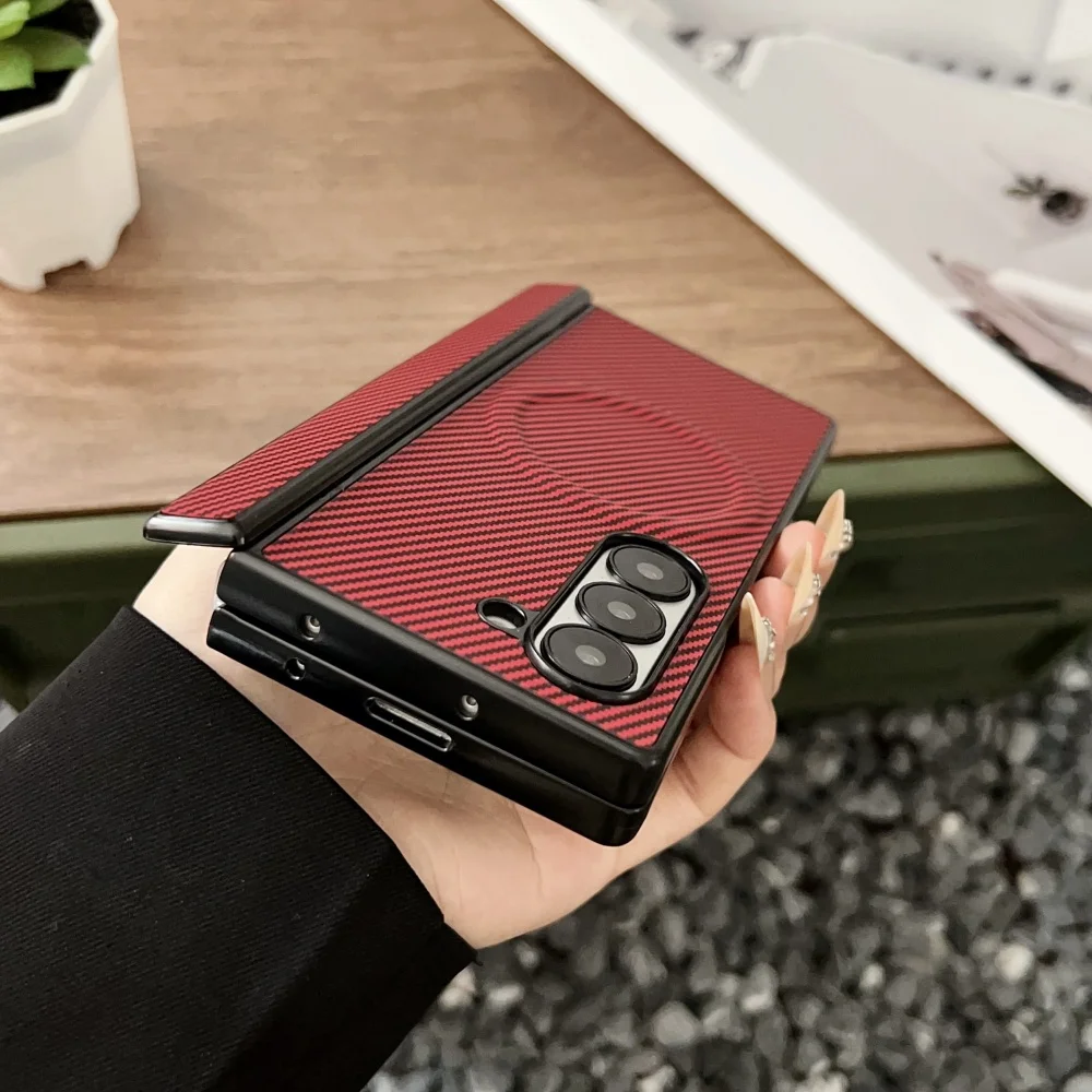 Premium Carbon Fiber Magnetic Hinge Phone Case with Wireless Charging Compatibility