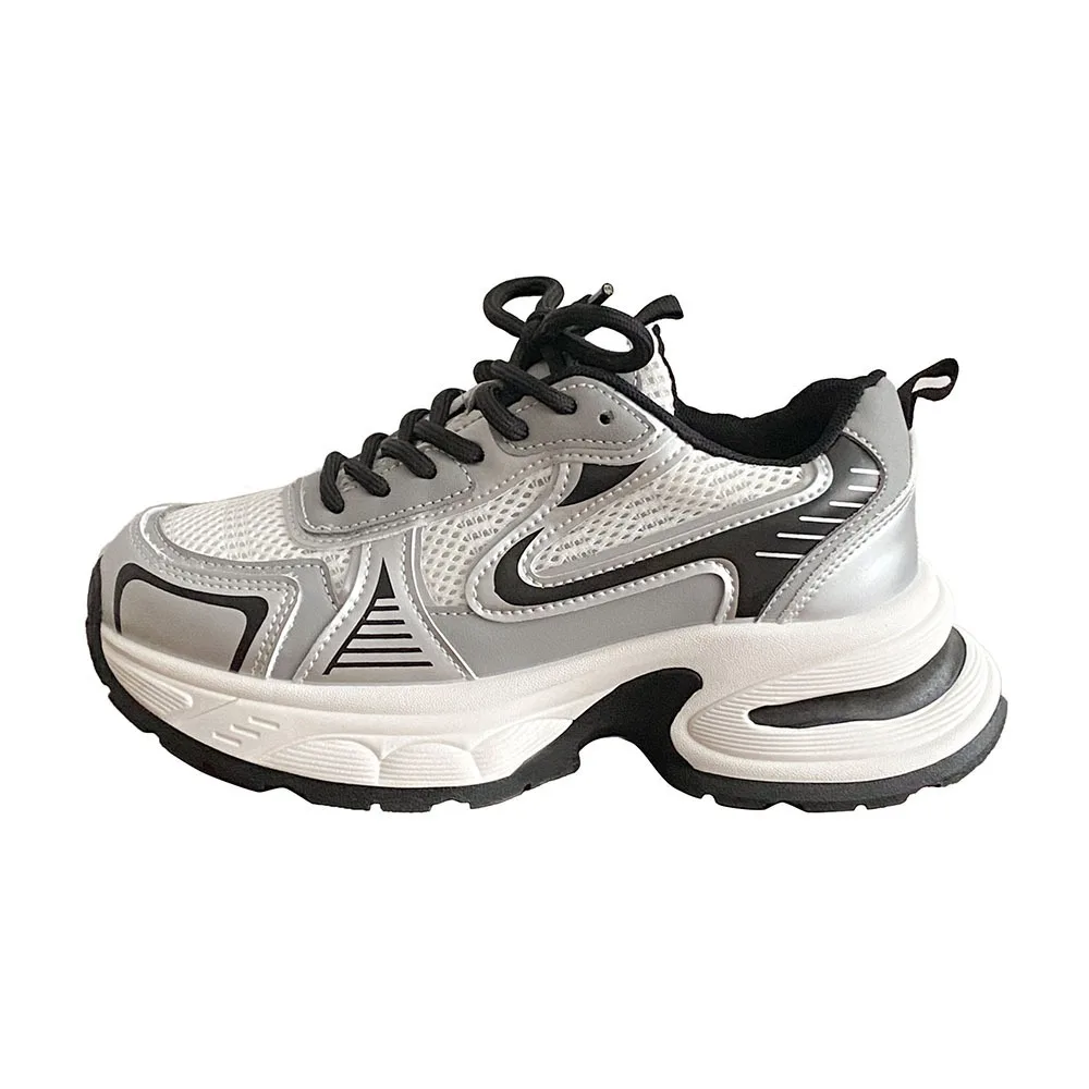 2024 Spring New Leather Breathable Women Casual Shoes Silver Mesh Thick Sole Soft Sole Ultra Light Sports Running Shoes 24-139