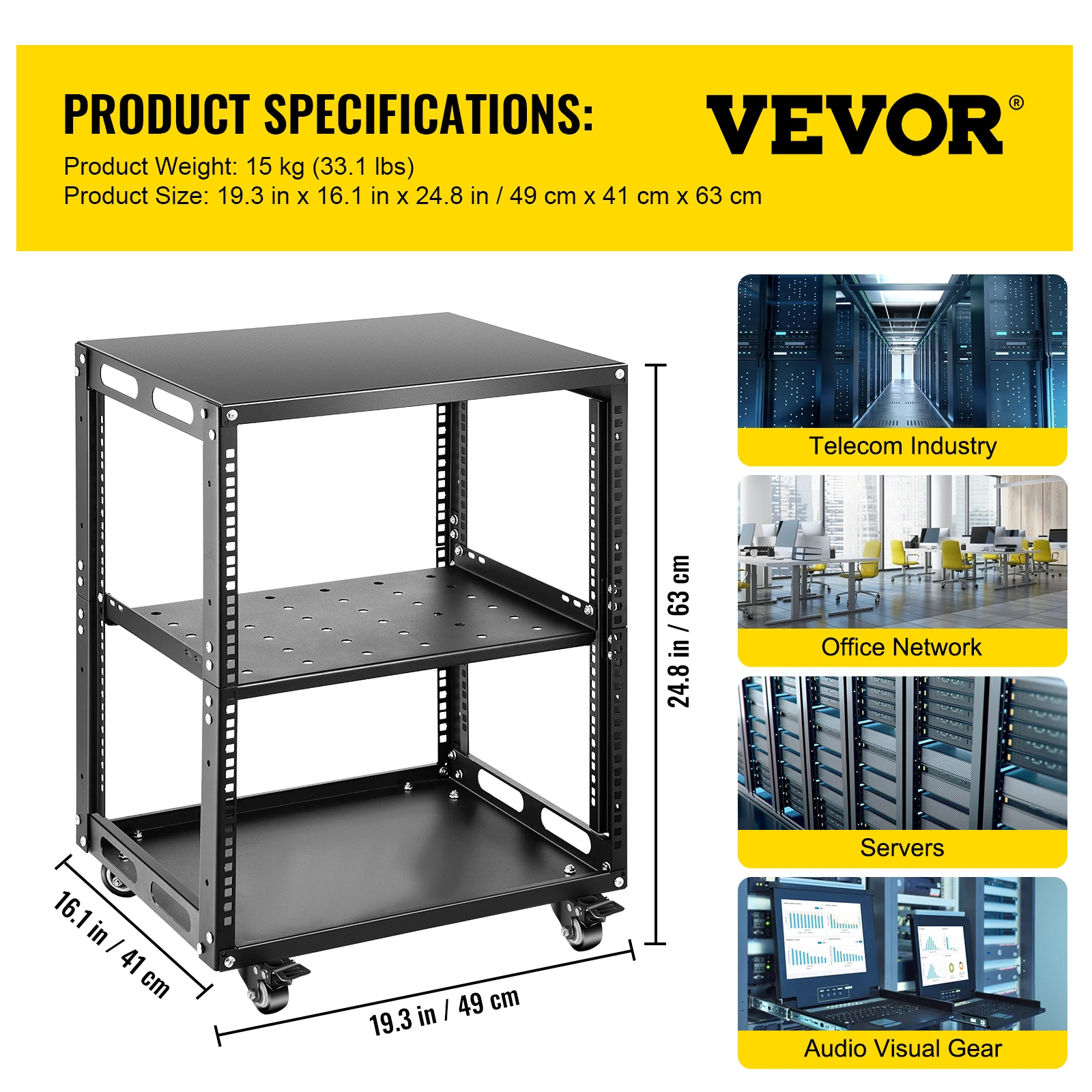 VEVOR 4 Post Open Frame Server Rack 12/15/18/27 U Design Cold-Rolled Steel Warehouse Shelf W/ Casters Network Cabinet for Office power tool bag Tool Storage Items