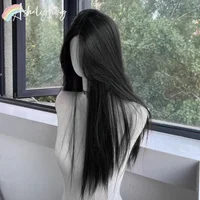 Perruque noire pour femmes, cheveux longs et lisses, bandeau, perruque Lace Front Wig, tempérament Cosplay pour usage quotidien, perruques synthétiques noires Lolita 2