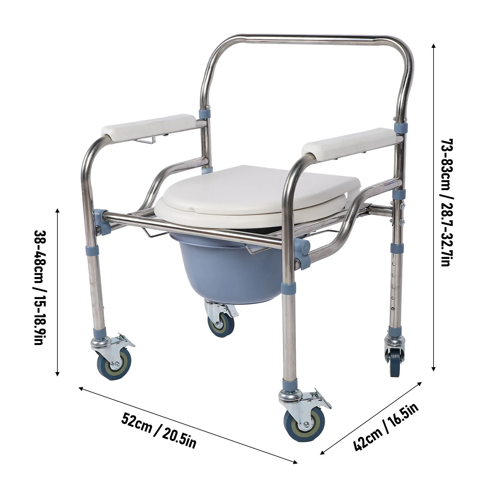 Mobile Potty Chair with Wheels Multifunctional Water Proof Non Slip Armrest Shower Wheelchair 5 Adjustable Heights for Bedside 6