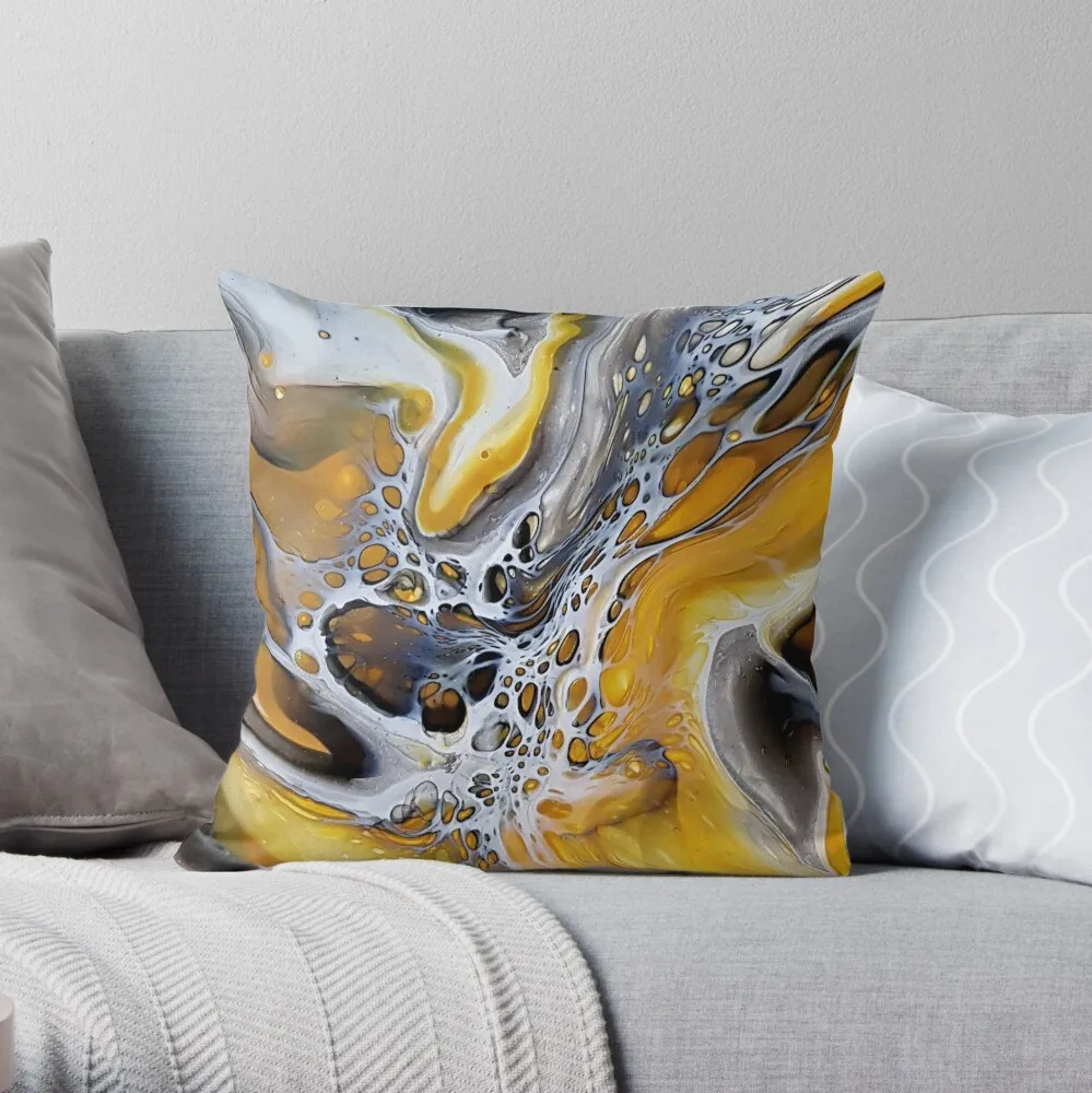 Mustard/Yellow Acrylic Paint Pour Art Throw Pillow Decorative Pillow