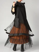 Plus Size Women's Dress Cowl Neck Patchwork Mesh Tiered Long Sleeve Maxi Dress A-Line Aysmmetric Hem Dress-Only Black Part - Image 2