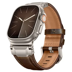 Premium Genuine Leather Strap for Apple Watch - Elegant Wrist Bracelet Correa (Dark brown - Titanium)