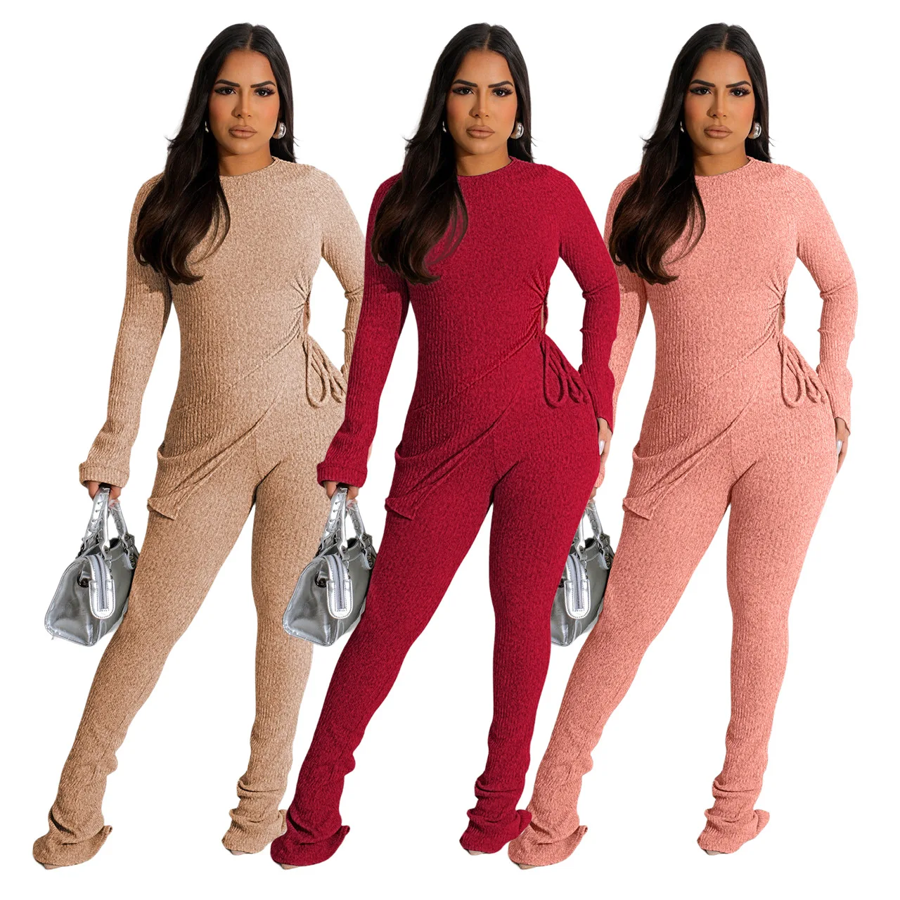 

Solid Rib Knitted Two Piece Set Women O-Neck Full Sleeve Hollow Out Lace Up Split Tops High Waist Flare Pants Casual Tracksuits