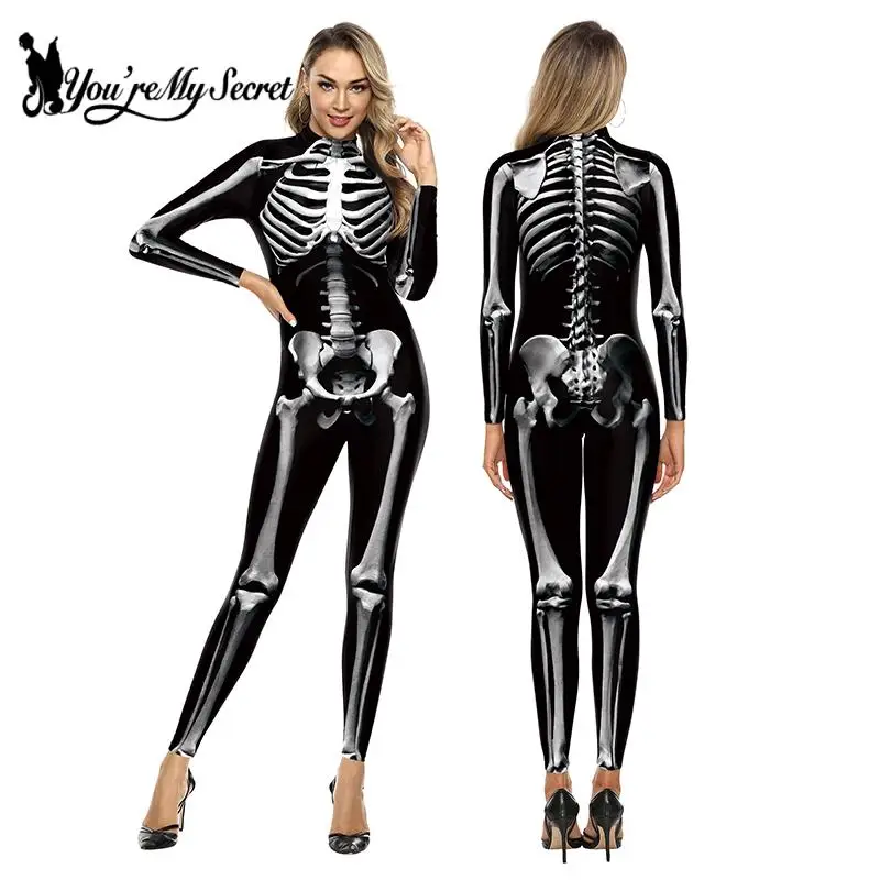 [You're My Secret] Gothic 3D Devil Ghost Skull Skeleton Rose Print Bodysuits Partywear Halloween Cosplay Customs For Women
