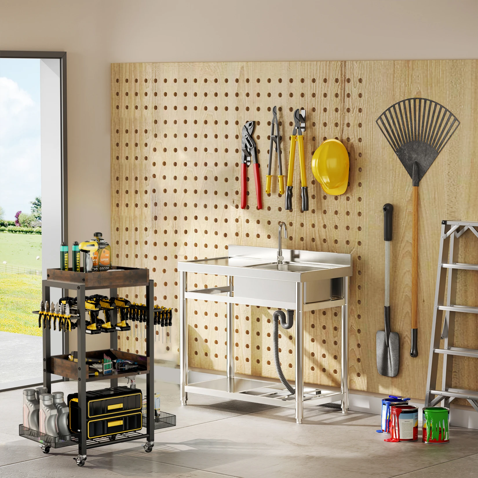 4 Tier Garage Storage Organization Shelving Tool Holder Drill Rack Shelf Rolling Cart Open Tool Chest Cabinet Box Organizer with 2