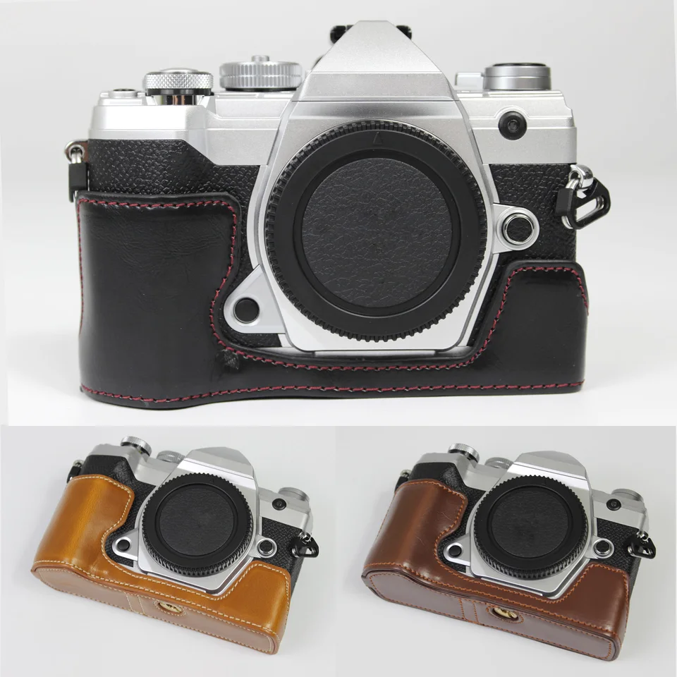 Étui En Cuir Demi-coque Pour Olympus OM-3 | Poignée Intégrée, Couleur Vert Rétro Ou Noir | Protection Et Style