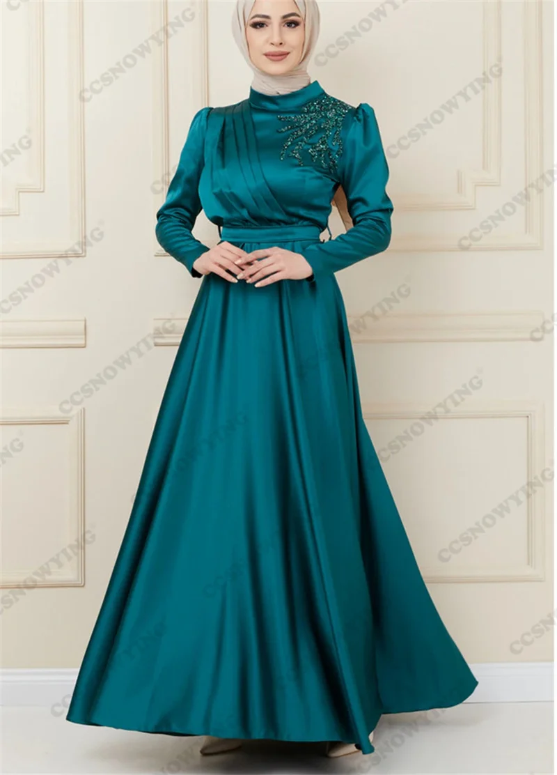 

Teal Satin Beaded Muslim Hijab Evening Gown Long Sleeve Islamic Formal Party Dresses Women Arabic Kaftan Robe De Soiree