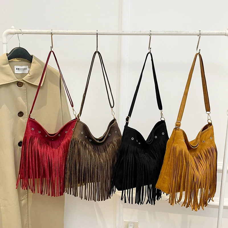 Boho Style Tassel Crossbody Bag Soft Frosted Tassel Straddle Bag Women Vintage Suede Shoulder Bag Casual Messenger Bag