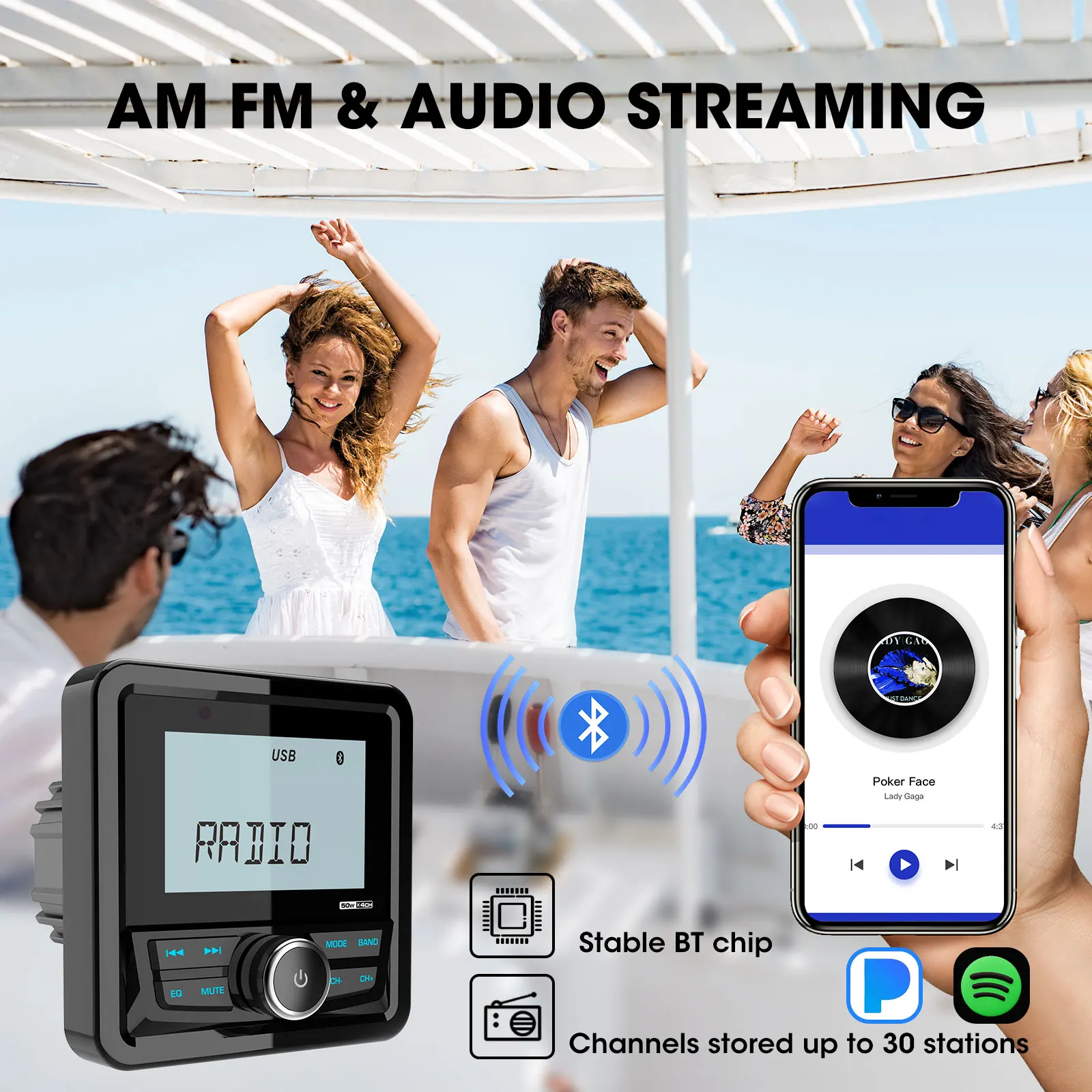 Boat Radio Player Marine Stereo FM AM MP3 Media Waterproof Bluetooth USB AUX Receiver for UTV ATV SPA RZR