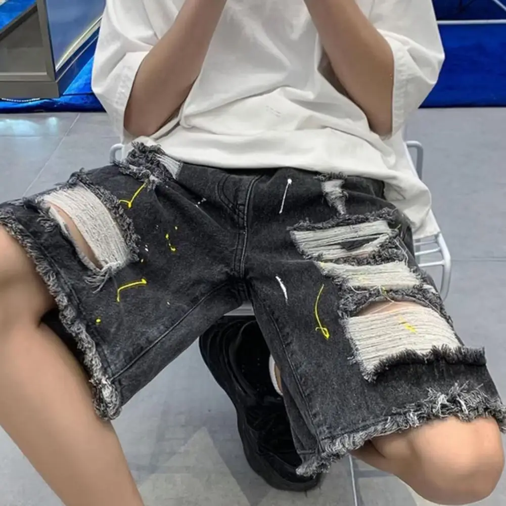 

Hip Hop Ripped Jeans Denim Shorts Men's Summer Loose Washed Loose Fashion Drawstring Waistband Frayed Five-Point Hole Baggy Pant