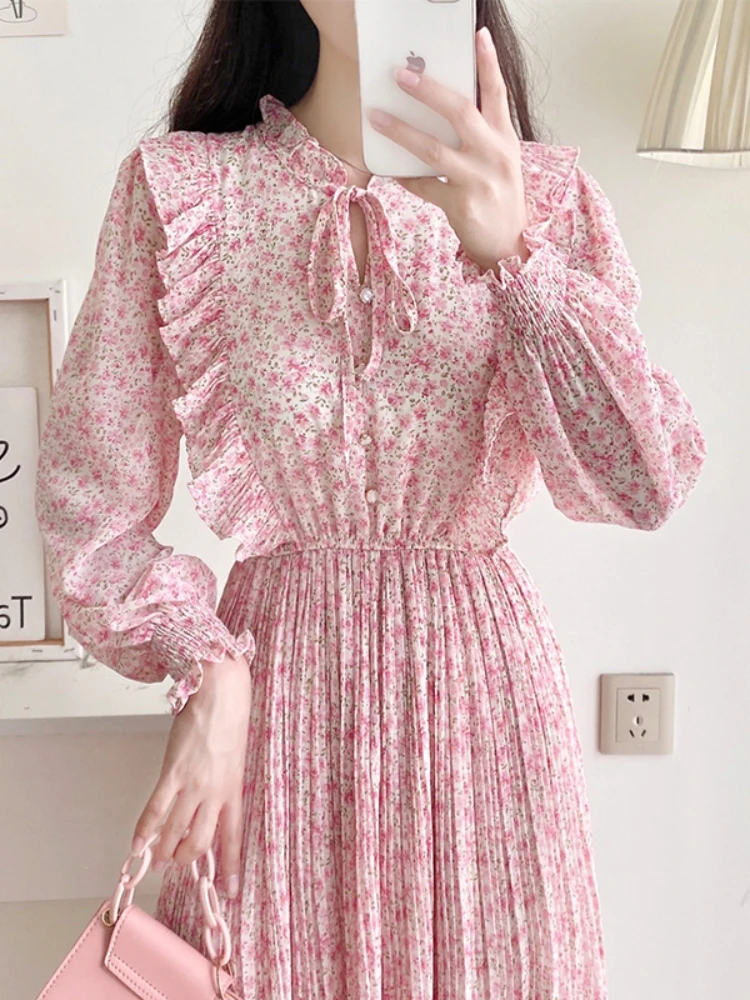 

Eleagnt Spring Casual Women Chiffon Dress Female Long Sleeve Pleated Ruffle A-Line Dress Floral Printed Midi Dress Vestidos