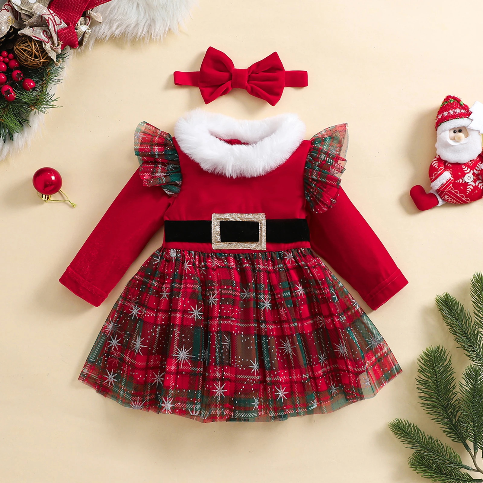 ma&baby 3-24M Christmas Newborn Infant Toddler Baby Girl Red Dress Long Sleeve Tulle Plaid Tutu Party Dresses Xmas Costumes