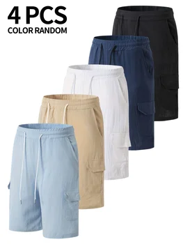 4-piece color random distribution summer shorts made of 100% pure cotton with pockets, solid color men's shorts for all seasons, outdoor pants for casual sports, daily fitness training, comfortable wearing, lightweight, breathable fabric, comfortable " 1