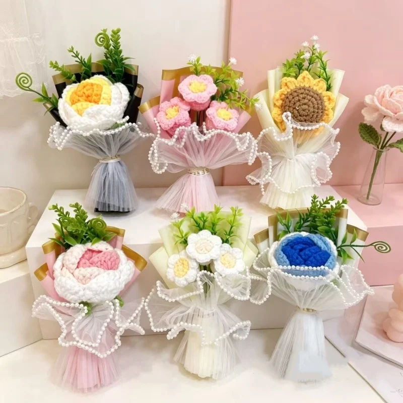15cm Mini Handgemachter Häkelblumenstrauß Künstliche Blumen Valentinstag Muttertag Romantisches Geschenk Tischdekoration
