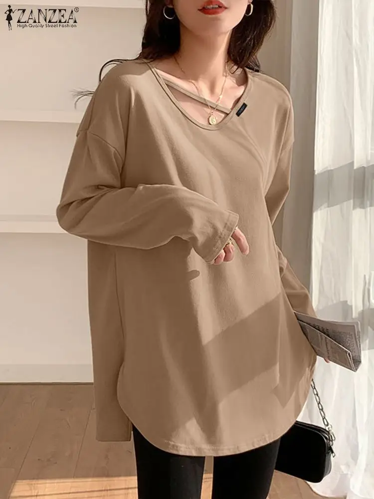 

Осень весна ZANZEA 2024 Модные женские блузки с длинным рукавом Однотонная блузка с круглым вырезом тонкий пуловер оверсайз