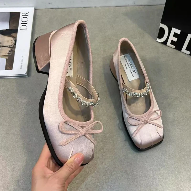 Crystal Bow Mary Jane Shoes Mid Heels Women Chunky Shoes 2025 Elegant Shallow Spring Pumps Shoes Dress Trend De Party Zapatillas 2