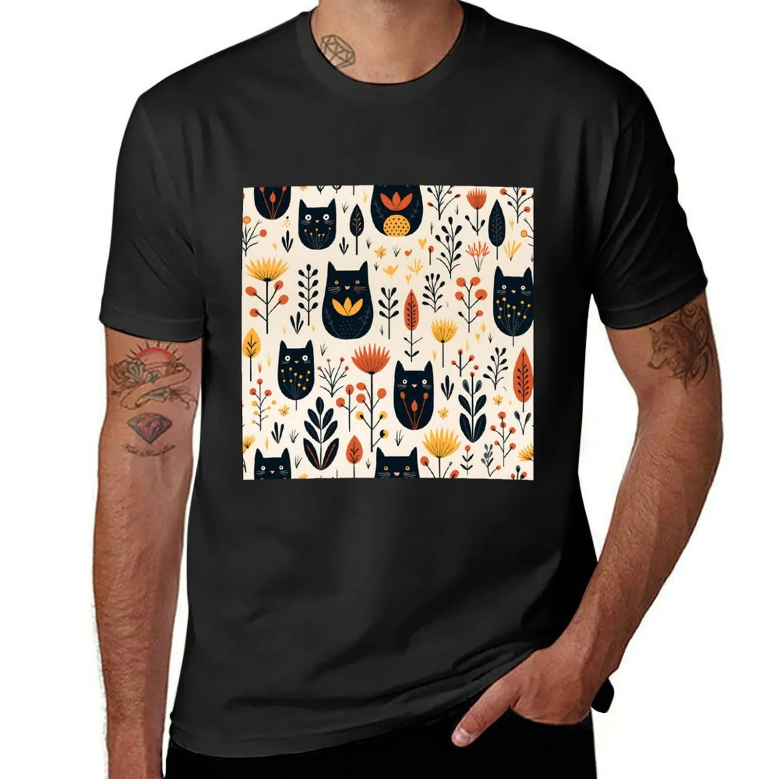 

Black cat and flowers: a perfect match T-shirt for a boy summer tops boys whites Short sleeve tee men clothing