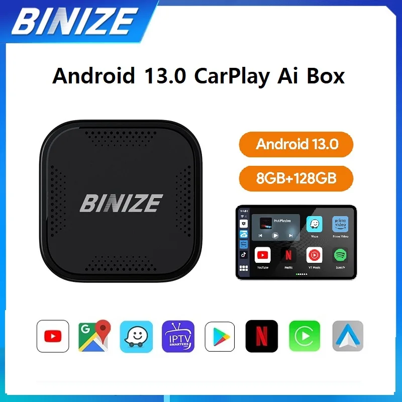 

Binize Android 13,0 CarPlay Ai Box 8 ГБ + 128 ГБ FOTA обновленная Беспроводная CarPlay Youtube для автомобилей с OEM проводной CarPlay/Android авто