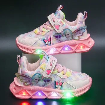 Scarpe sportive per bambini Disney Sneaker con luci a Led Cartoon Frozen Princess Elsa PU Leather Girls' Pink scarpe da corsa per bambini 1