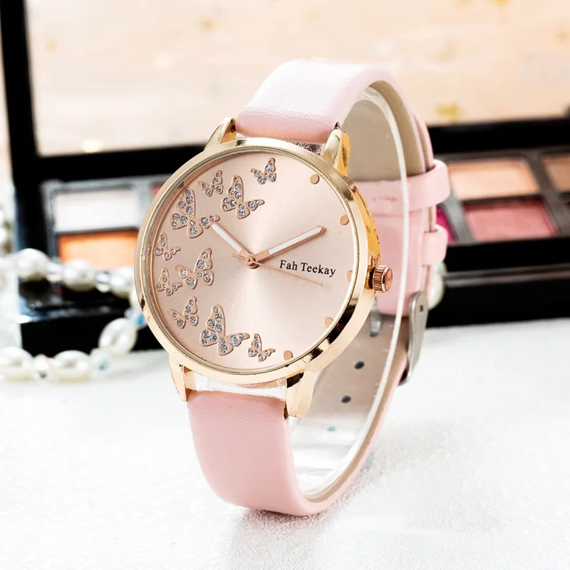 

Diamond Butterfly Temperament Women Wristwatches Luxury Rose Gold Dial Leather Band Watch Simple Ladies Dress Quartz Watches