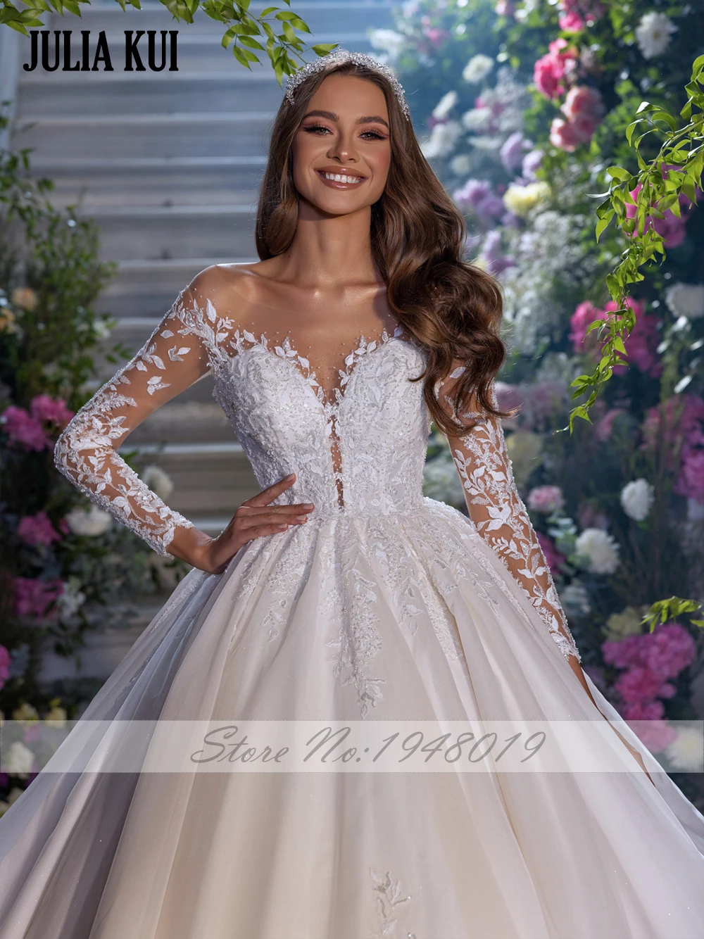 Julia Kui New Arrival Full Sleeves Ball Gown Wedding Dresses Beading Pearls Appliques Lace Sweetheart Bridal Skits 4