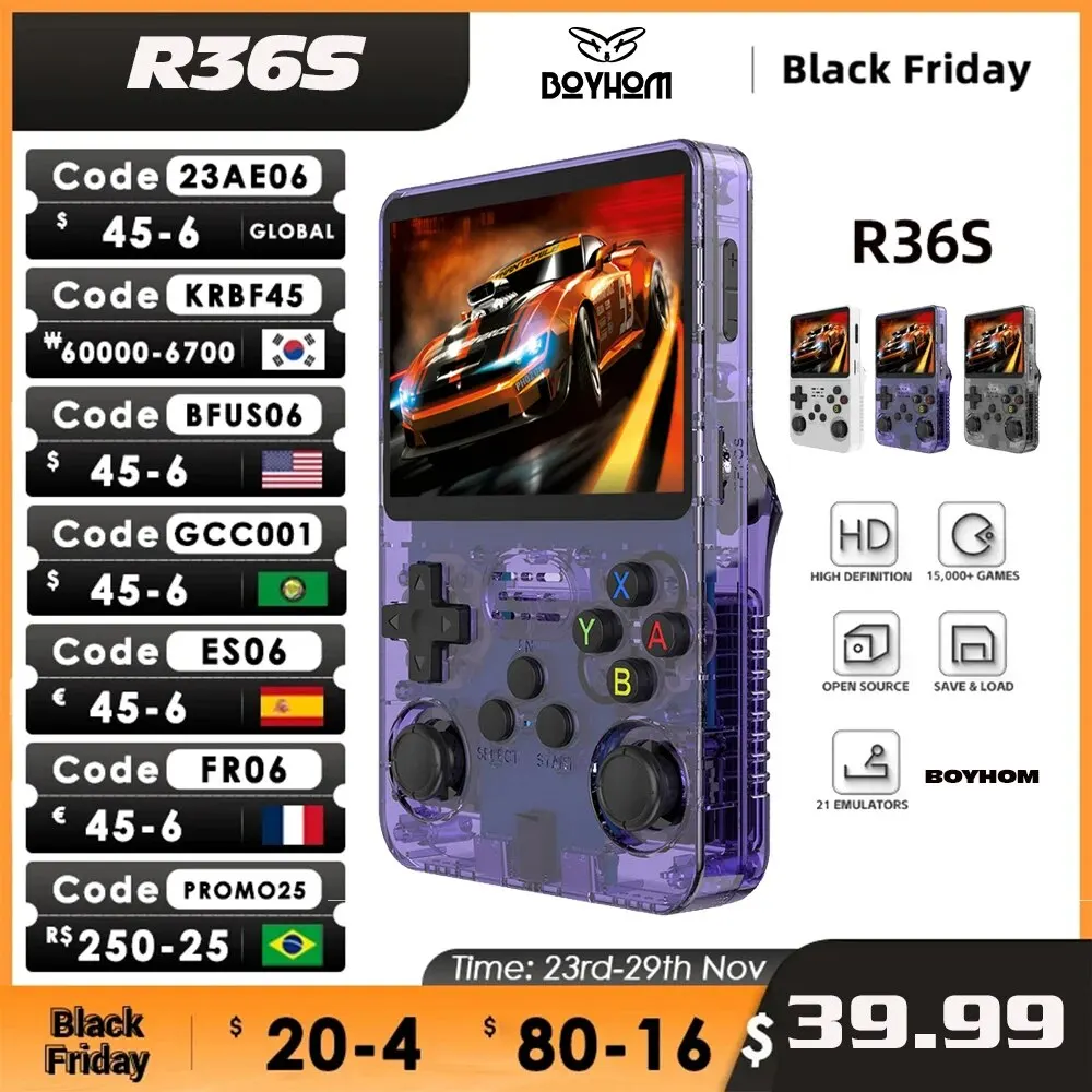 Consola de videojuegos portátil Retro R36S, sistema Linux, pantalla IPS de 3,5 pulgadas, reproductor de vídeo de bolsillo portátil, R35S, 64GB de juegos