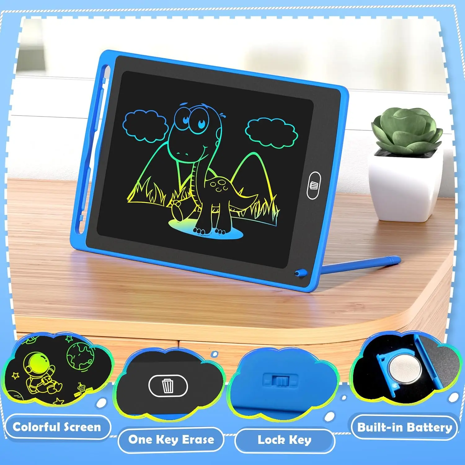 Tablette D'écriture LCD 8,5 Pouces Pour Enfants - Stylet Inclus, Effacement D'un Bouton, Pas De Papier, Bleu Clair