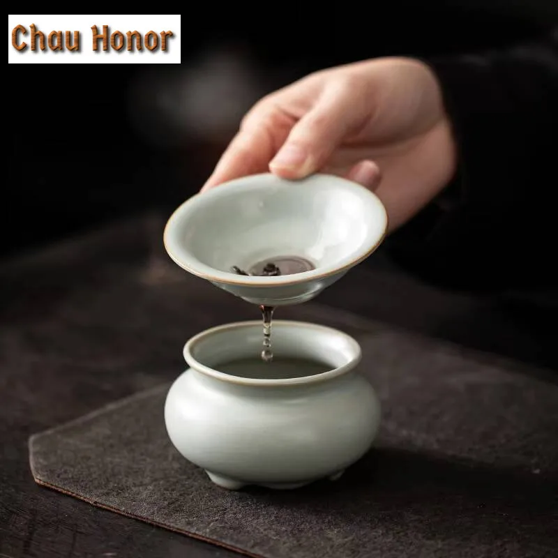 Boutique Ru Kiln Ceramic Tea Leakage Tea Separation Tea Residue Stainless Steel Filter Hole Handmade Household Tea Ceremony Gift