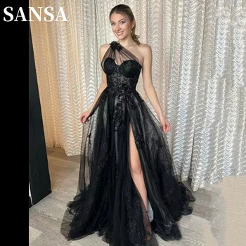 Sansa Black One Shoulder A-line فساتين سهره فاخره  Lace Embroidery Side Split Tulle فساتين السهرة Sweet Customized Prom Dresses
