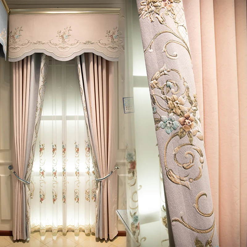 

Custom curtain European palace chenille embroidered shading stitching pink cloth blackout curtain tulle valance drape C1057