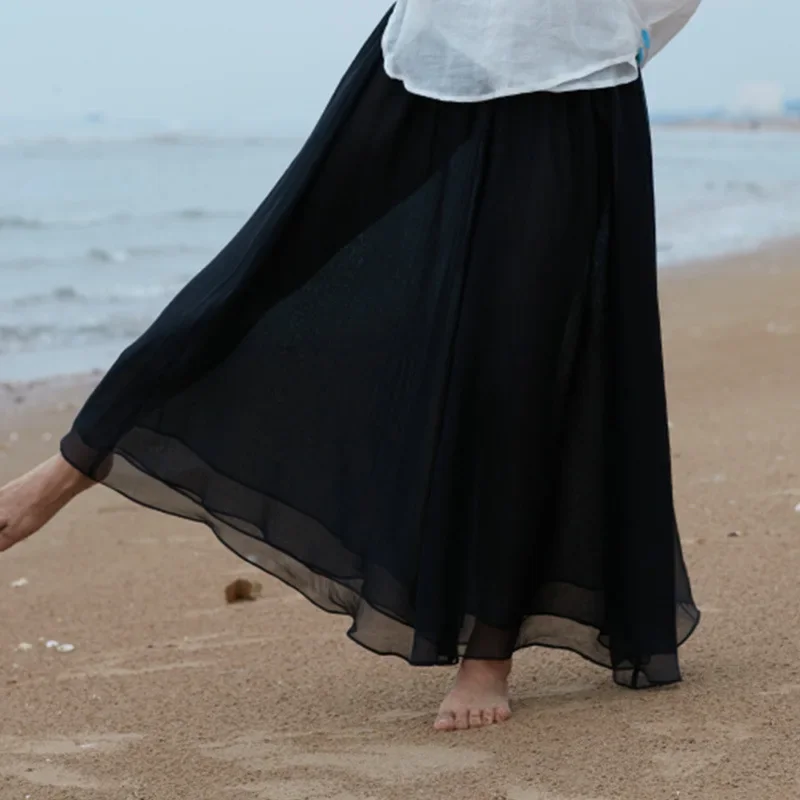 

Summer Vintage Double Layer Loose Pants Wide Leg Trousers Casual Chiffon Black Flare Pants Women Slim Retro Elastic Waist Female