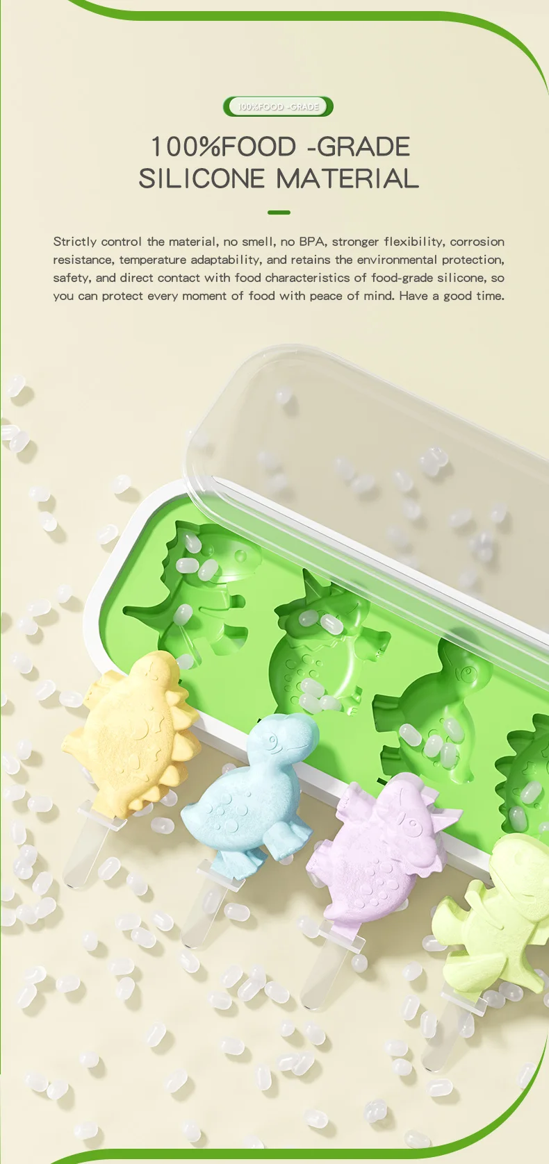 Silicone Ice Cream Mold with Lid and Sticks Dinosaur Shape