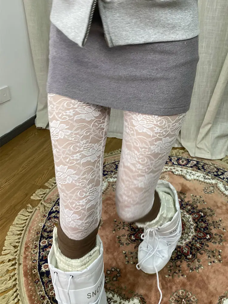 HOUZHOU Sexy Lace Pants Skinny Leggings Women See-through White High Waist Mesh Trousers Hollow Out Gyaru Streetwear Pantyhose