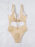 Shiny Gold One Piece Swimsuit 2025 Women Deep V Neck Hollow Out Backless Swimwear Summer Beach Bathing Suit Holiday Monokini 2