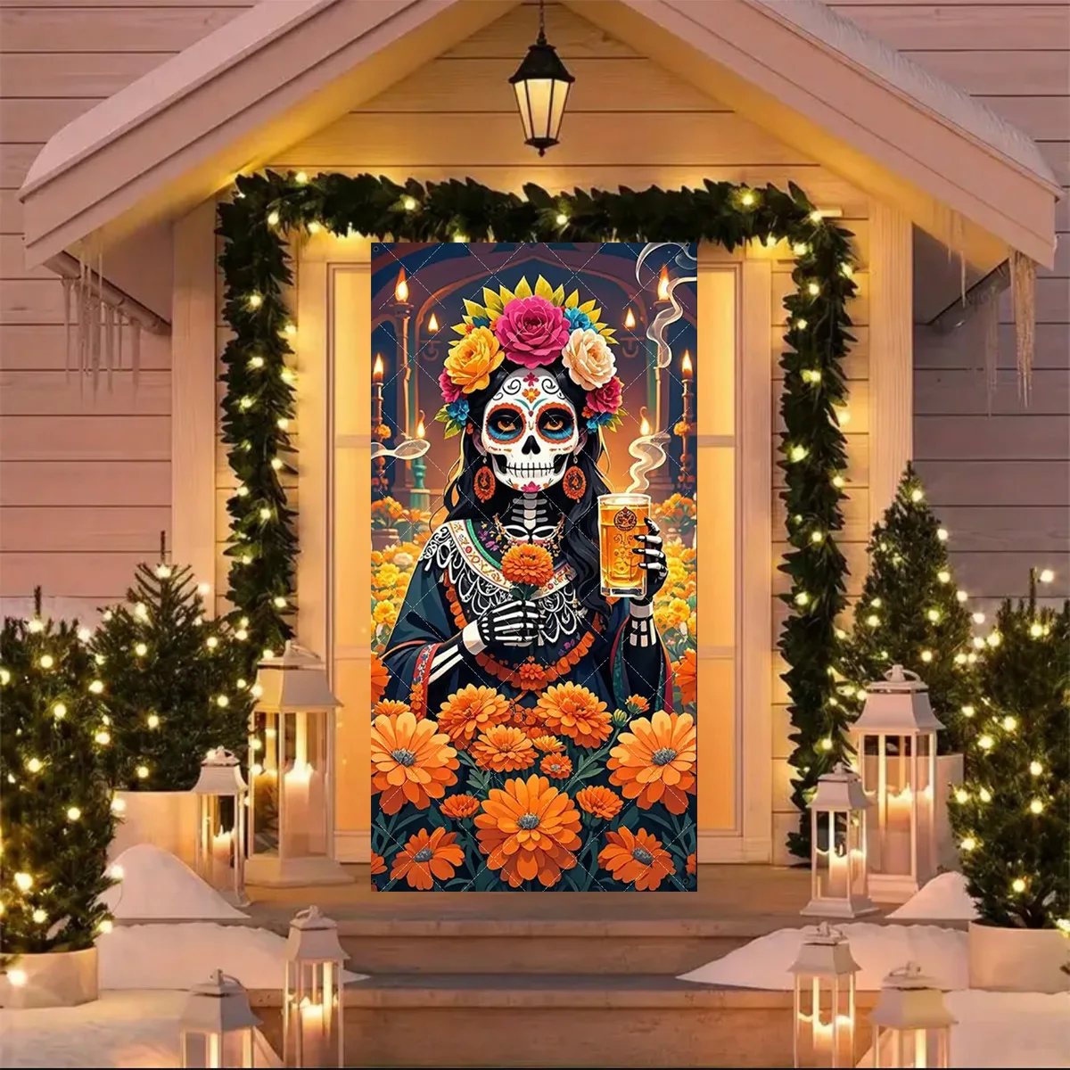 Mexikanischer Tag der Toten, Türabdeckung, Hintergrund, Tag der Toten, Szene, Party-Dekoration, mexikanischer Blumenschädel, Skelett, Kerze, Party-Banner – Detail 7