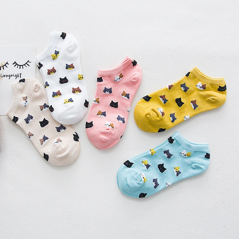 5 Pairs Neue Frauen Socken Niedlichen Cartoon Katze Baumwolle Ankle Socken Bunte Lustige Socken Mädchen Atmungsaktive Casual Socken Calcetines Mujer – Detail 2