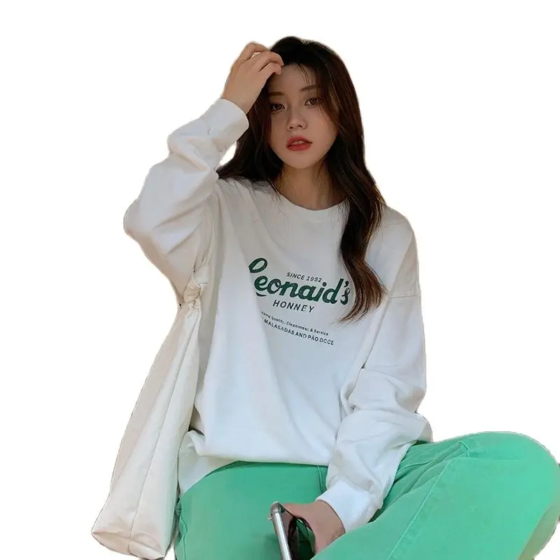 

Korean Fashion Young Girls Knit Hoodies Letters Pritning Long Loose Design Round Neck Women Hoodie Spring Fall Design