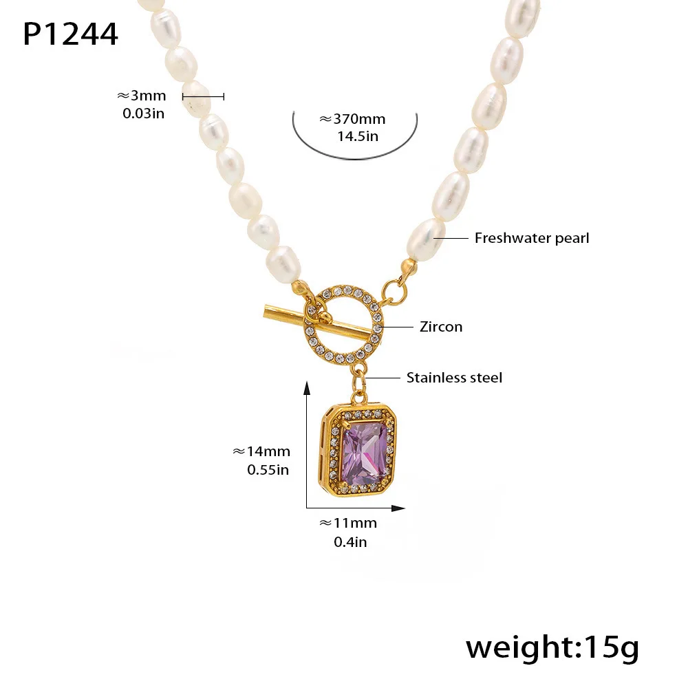 Natürliche Süßwasserperlen-Halskette für Damen, Edelstahl-Anhänger mit grünem und violettem Zirkon, luxuriöser Schmuck als Geschenk – Detail 1