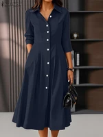 ZANZEA Woman Elegant Midi Dresses Womens Fashion 3/4 Sleeve Button Up Collared Shirtdress Autumn Commuting OL A-line Robes Femme - Image 5