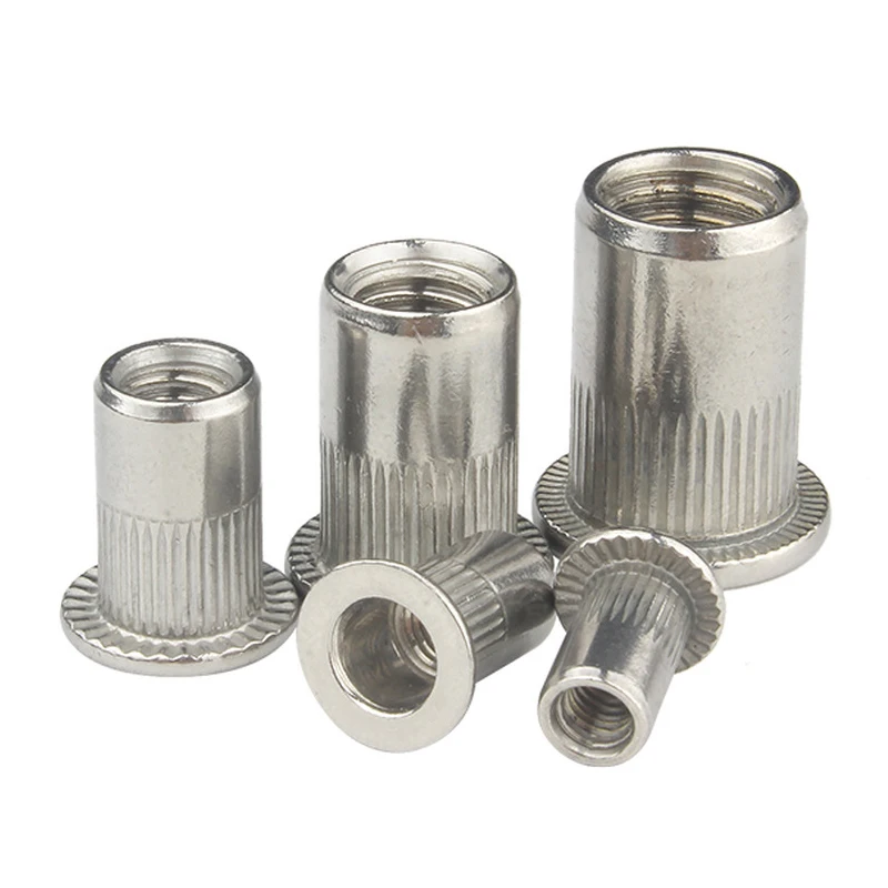 Aço inoxidável recartilhado porca, cabeça chata, rosca rebite inserir, Nutsert Cap, Rivnut, M3, M4, M5, M6, M8, M10, M12, 5,10 pcs