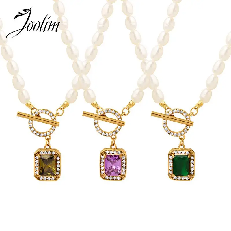 

Joolim Jewelry Wholesale Tarnish Free Elegant Trend Freshwater Pearl Inlaid Zircon Pendant Toggle Stainless Steel Necklace