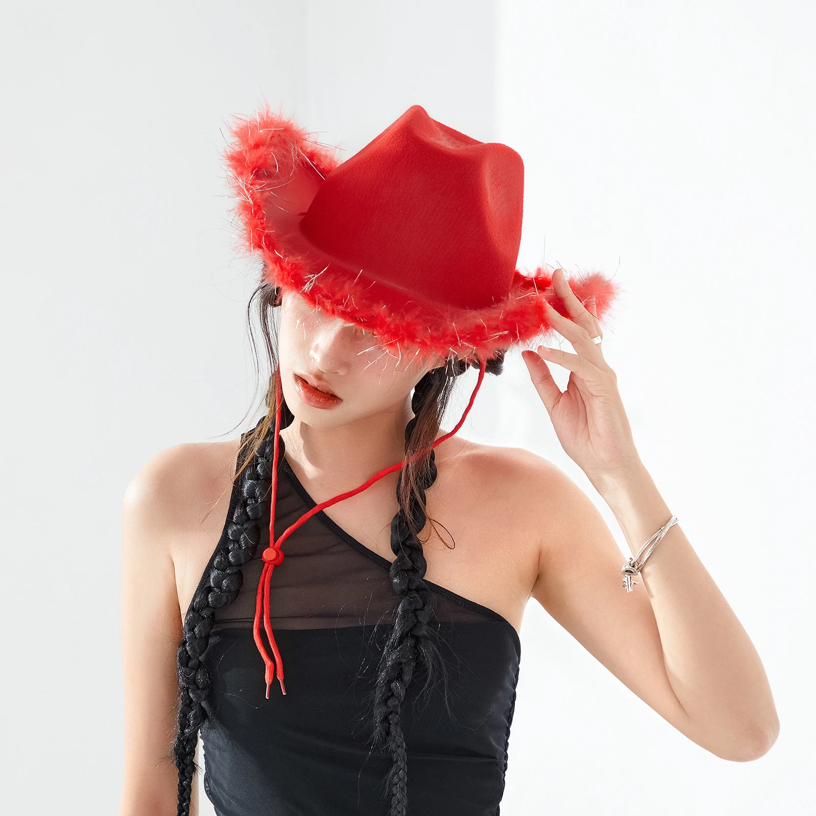 Women&acute;s Fashion Vintage Cowboy Hat Adult Solid Color Furry Trim Wide Brim Hat Female Cap for Dating Party