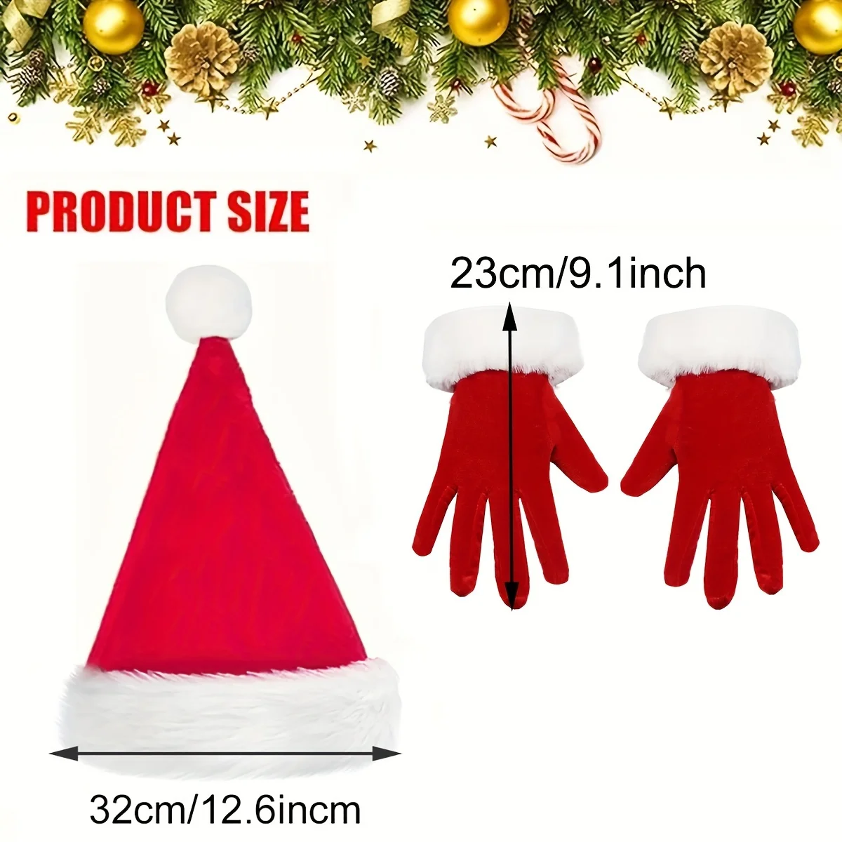 【1Hat+1Pair Gloves 】Santa Claus Costume Accessory Set, Cute Red Christmas Hat, White Border, Suitable for Women, Party Prop