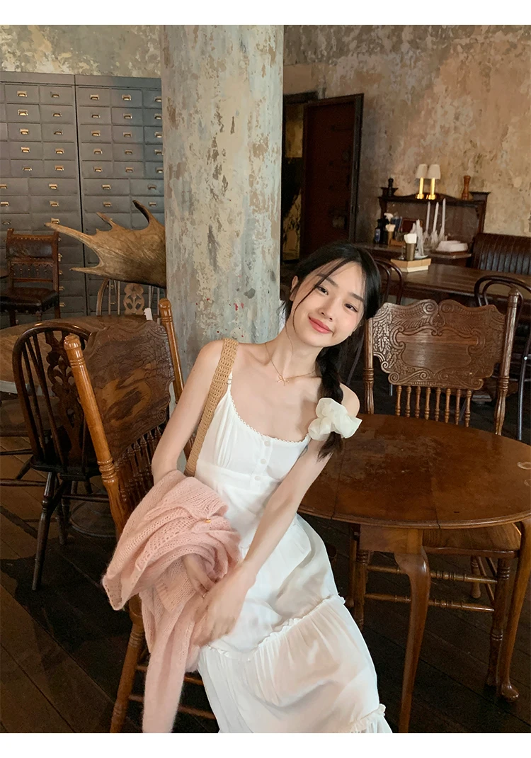 French Elegant Dresses for Women Solid Spaghetti Strap Summer New Ruffles A-line Casual Korean Chic Midi Vestidos Mujer