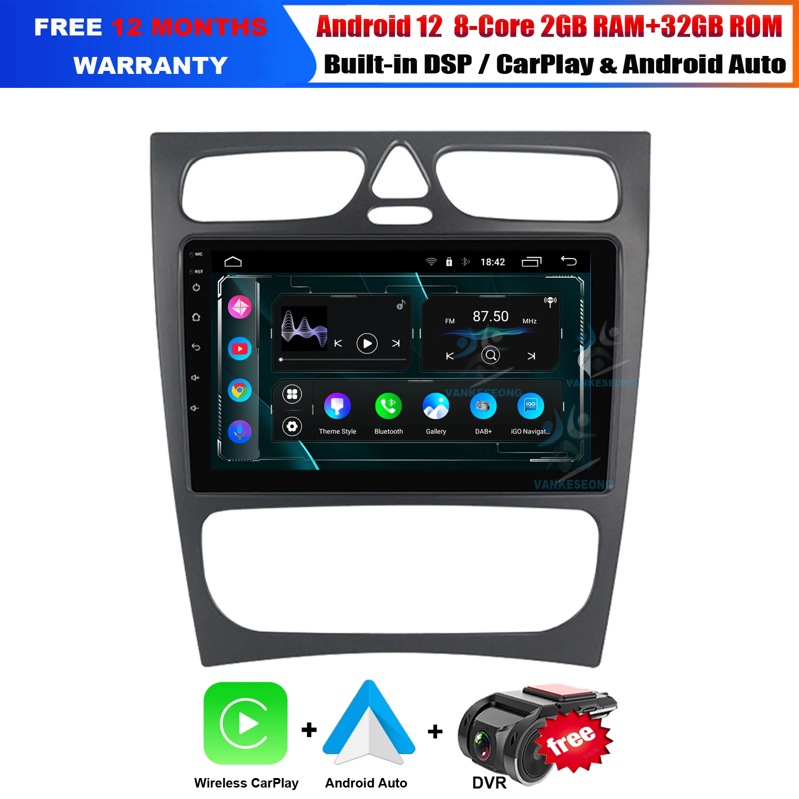 

9" Android 12 Touchscreen Car Radio Head Unit DAB Stereo GPS Sat Nav For Mercedes Benz C Class S203 CL203 W203 W209 2000-2004