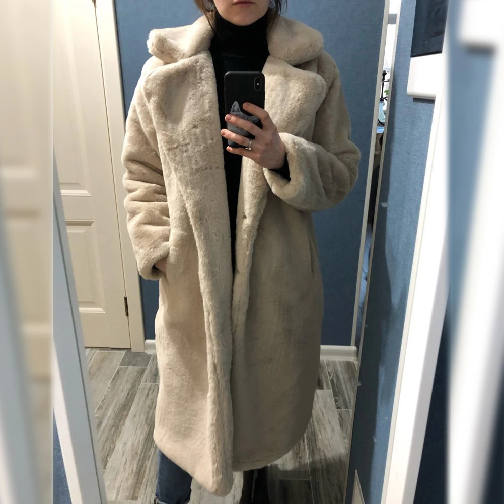Women Winter High Quality Loose Lapel Thickened Warm Long Artificial Rabbit Fur Coat Long Sleeve  Large Size Ladies Plush Coat