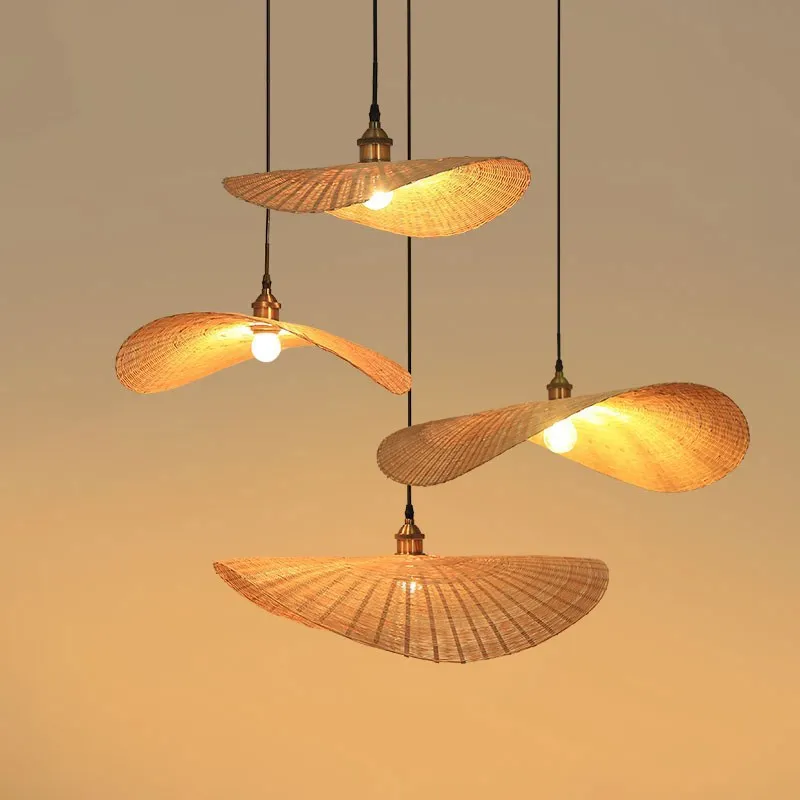 Rétro Lustres Lumière Naturelle De Bambou Et Plafonnier Rotin Vintage E27  Éclairage Plafond Tissées Main Pour Manger Chambre Salon Bar Café Pendentif